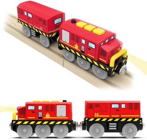 DxxD Eisenbahn Elektrische lok Holzeisenbahn Zug, Kinder Batteriebetriebenes Zugset, Lokomotivzug Kompatibel mit Thomas, Brio, Geschenke Spielzeug für 3 4 5 6 7 jährige Jungen Mädchen Kleinkinder, Rot