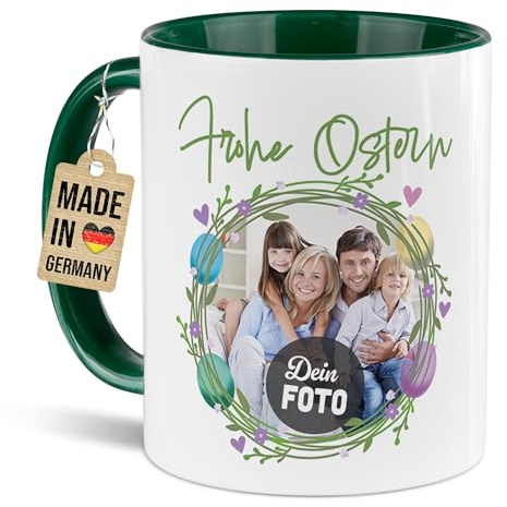 Tassendruck Ostertasse mit Foto für Freundin - selbst gestalten | Innen & Henkel Dunkelgrün, Frohe Ostern, Ostergeschenke für Freundin, Kollegin, Keramik, 300 ml