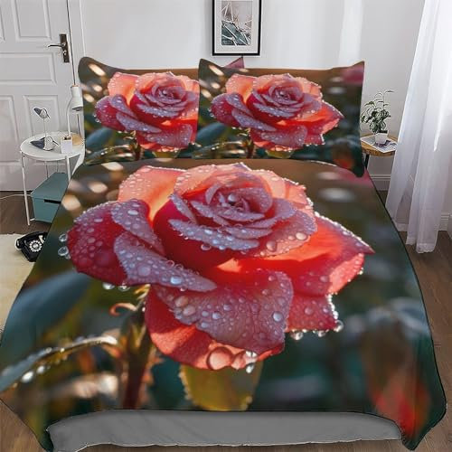 Rose Parure De Lit Housse De Couette Et Taie d'oreiller À Impression Ultra Doux Microfibre -Housse Couette King(220x240cm)