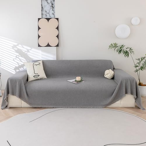 LiveGo Chenille Rutschfester Seitenschonbezug für Ecksofa, Ganzjahresschutz, Couchbezug für Hunde, Sofaüberwurf, Zweisitzerbezug, Futon-Bezug, L-förmiger Sofabezug mit Quaste (Bohe Grau, 180 x 380 cm)