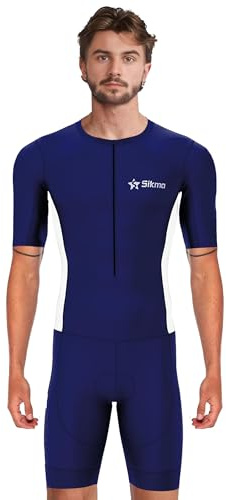 Sikma Men’s Half Sleeve Trisuit Breathable Mesh Triathlon Padded Suit with Hi Viz Reflection One Back Pocket and Power Band Leg Grippers Trisuit (Blue, XX-Large)