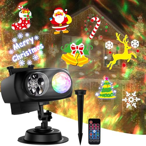 Weihnachten Deko Outdoor, LED Projektor Aussen mit Fernbedienung, 10 Folien 10 Ozeanwellen Effekt, ideal für Halloween, Weihnachten, Geburtstagsfeier, Neujahr, Garten Wand Fenster Deko