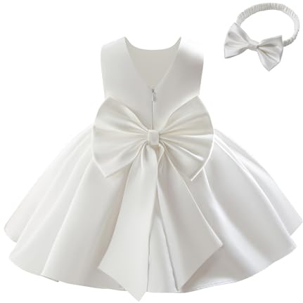 Miipat Baby Girls Party Dress Satin Flower Girl Dress Wedding Bowknot V-Back Toddler Princess Birthday Christening Dresses Kids Pageant Formal Bridesmaid Gown 6 Months-4 Years