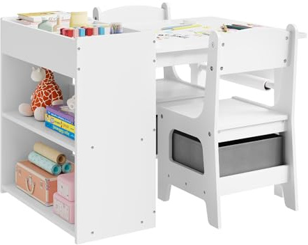 WOLTU Kindersitzgruppe mit 2 Stühlen Spieltisch mit Stauraum, Weiß | für Kinderzimmer Kindergarten, Kindersitzgruppe mit Stauraum, Papierrolle, 2 Aufbewahrungsboxen, Regal