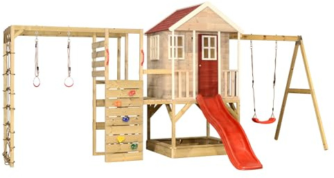 Wendi Toys M10-G Kletterturm mit Rutsche und Schaukel aus Holz, Spielturm Garten Outdoor für Kinder, 342×508×242 cm, mit Kletterwand, Kletternetz, Turnringen, Monkey Bar, Stelzenhaus Rot