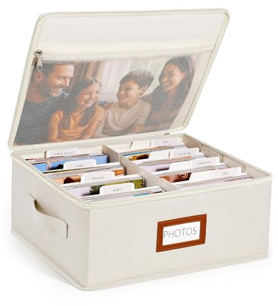 HULISEN Photo Storage Box, Photo Organizer for 2000 10x15cm Pictures, Beige | Linen Keepsake Box with Zipper Lid & 8 Dividers, Label Cards Included, Mesh Pocket for Larger Prints, Family Memory Storage