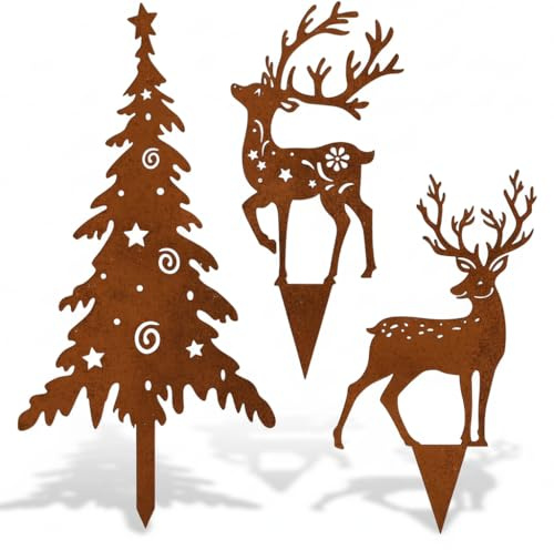 Roststecker Weihnachtsbaum Hirsch 3er Set Rost Weihnachten Deko Outdoor Gartenstecker Weihnachtsdeko Draußen Gartendeko aus Rust Blumenstecker Weihnachten für Advent Weihnachts Garten Balkon