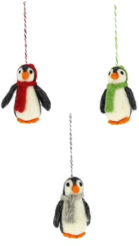GLOBO Fair Trade Partner Filz Anhänger hangemachter Christbaumschmuck aus Wollfilz Deko Figur Weihnachten Ornament - Handmade in Nepal (Pinguine (3er-Set))