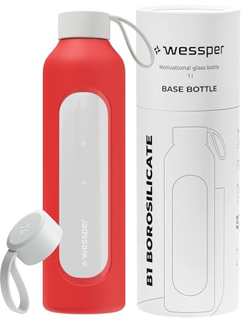 Wessper Bouteille en Verre 1l, Gourde motivation avec étui - Rouge | bouteille borosilicate verre, gourde de motivation avec échelle D'hydratation, Sens BPA
