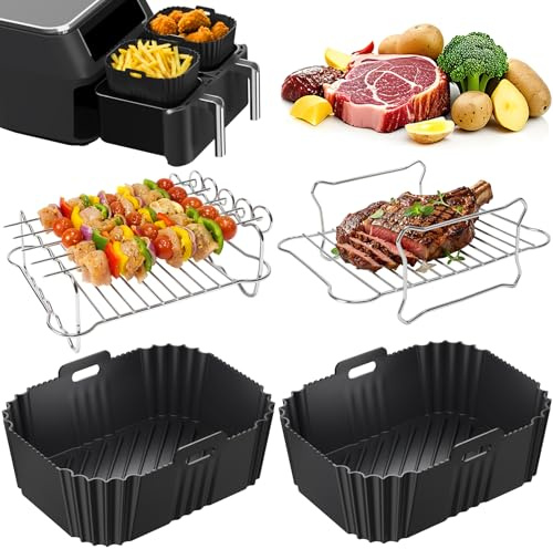 PETHREE Air Fryer Accessories 4 Pcs for Ninja Dual Zone 7.6-9.5L | 2x liners 2x racks 5 skewers, BPA-free, 304 stainless for Ninja AF300UK/AF400UK/AF500UK & more 7.6-9.5L Dual Zone AirFryer
