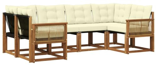 vidaXL Outdoor-Sofagarnitur mit Kissen 6 pcs Natur und Creme, Sofaset für den Garten, Moderne Kollektion, wetterfest, Bequeme Akazienholz-Sitze, entspannendes Arrangement