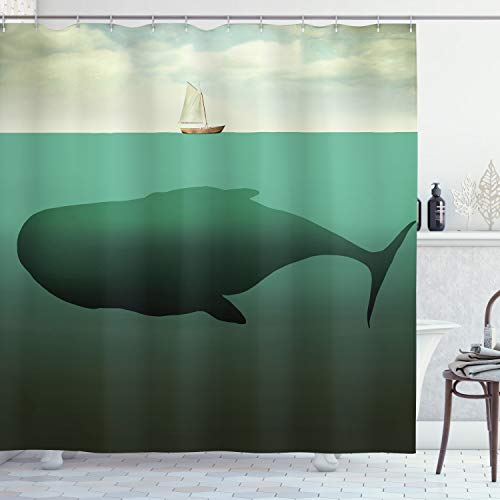 ABAKUHAUS Fantasie Duschvorhang, Riesenwal Segelboot, Stoffliches Gewebe Badezimmerdekorationsset mit Haken, 175 x 240 cm, Beige Grün