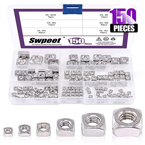 Swpeet 150Pcs 304 acciaio inossidabile 6 dimensioni metrico quadrato dadi assortimento kit, macchina a vite dadi metrico filetto grossolano - M3 M4 M5 M6 M8 M10