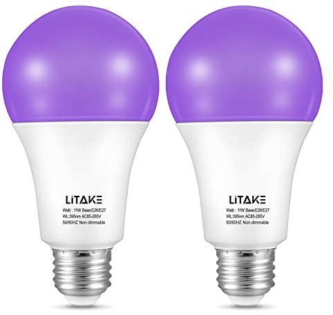 Litake Ampoule UV LED, 11W E27 Ampoules Lumière Noire Lampe LED Ultraviolet Lampe, 385-400nm UVA Lampe Violette Lumière Décorative pour Bar Fête Peinture Fluo Halloween Noël, 2 pièces