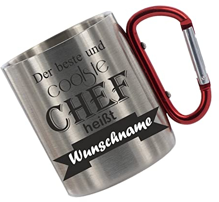 Crealuxe Edelstahltasse mit Karabiner - Der beste und coolste Chef heißt Wunschname - 330ml, Tasse personalisiert, Kaffeetasse, Bürotasse, Metalltasse mit Name