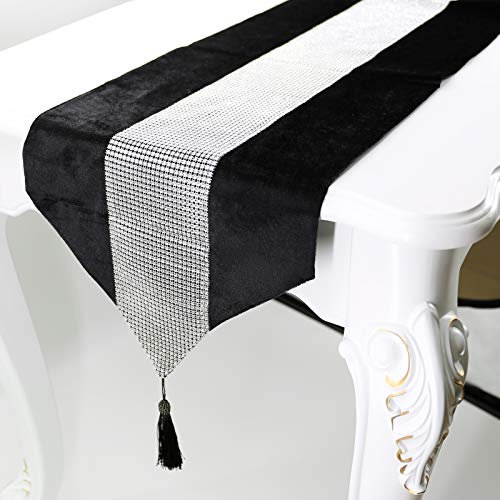 Deggodech Schwarz Tischläufer mit Quaste 32 x 210 cm Lang Modern Glitter Tischläufer Silber Diamant Table Runner für Küchentisch, Kaffeetisch, Kommode,Weinschrank Dekoration (210cm, Schwarz)