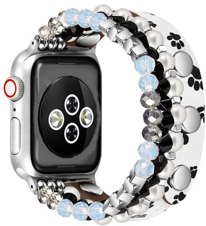 Leather Beaded Band Compatible for Apple Watch 9 Print Strap Women 45mm 44mm 42mm 49mm Women,Jullstar Pearl Elastic Footprint Puppy Printed Bracelet for iphone Watch Series 9 8 7 6 5 4 3 2 5 SE Strap