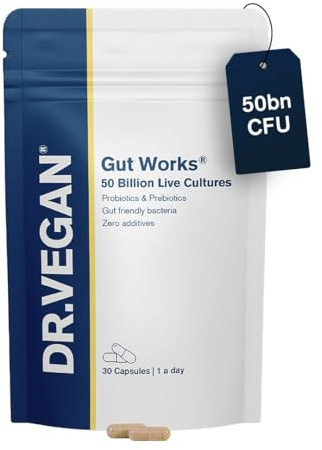 Gut Works® | 50 Billion CFU Bacteria Live Cultures | 30 Vegan Capsules | 6 Prebiotics Strains, Daily Gigestion Support, Balanced Gut Mircobiome | Free of Allergens