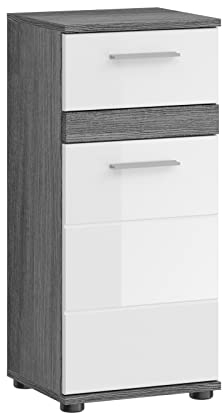 Newroom Kommode Rauchsilber Weiß Hochglanz Badschrank Modern - 35x79x31 cm (BxHxT) - Standschrank Badezimmermöbel - [Pelia.one] Bad Badezimmer