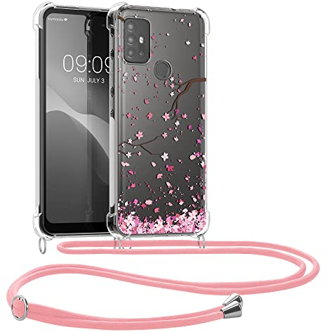 kwmobile Necklace Case kompatibel mit Motorola Moto G30 / Moto G20 / Moto G10 Hülle - Silikon Cover mit Handykette - Rosa Dunkelbraun Transparent Kirschblütenblätter