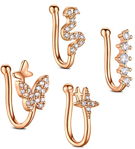 JFORYOU Fake Nasenringe Keinen Piercing Gefälschte Nose Cuff Fake Nasenpiercing Zartes Design CZ eingelegt Schlange Schmetterling Stern Frauen und Teenager Mädchen