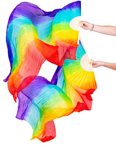 FJYIRI 1 Pair(Left+Right) Women Belly Dance Long Real Silk Fan Veils (Colorful Rainbow)