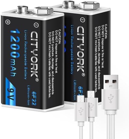 CITYORK Batteria ricaricabile da 9 V, 1200 mAh, ad alta capacità, 6F22, batterie agli ioni di litio con cavo USB, bassa autoscarica (confezione da 2)