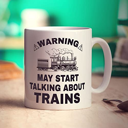Warning May Start Talking About Trains Mug - Present for Train Spotter, Enthusiast, Him, Her, Dad, Uncle, Grandad - Gift for Birthday, Christmas - 11oz Ceramic Cup