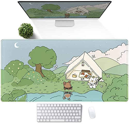 Niedliche Anime-Schreibtischunterlage, erweitertes Kawaii-Mauspad, XL, grün, Cartoon, Camping, Gaming, für Laptop, Computer, Tastatur, Desktop-Matte für Studenten, genähte Kanten, 80 x 39,9 cm