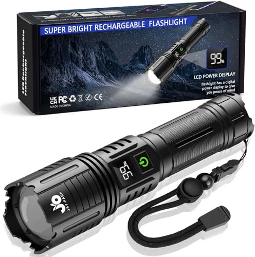 Rechargeable Flashlights 10000 Lumens, LED Flashlight with Digital Power Display and Zoom, High Lumen Flashlights, Super Bright, Long Distance for Camping, Bushcraft, Outdoor