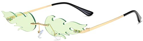 YUELUQU Feuer Flamme Sonnenbrille für Frauen Rimless Party Nette Abschlussball Halloween Gläser Mode Welle Rimless Gläser Für Frauen Männer... (Grün)