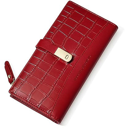 David Jones - Portefeuille Compagnon Grande Capacité Femme - Porte-Monnaie Long Simili Cuir PU - Porte-Cartes Plusieurs Compartiments - Elégant Tendance - Rouge