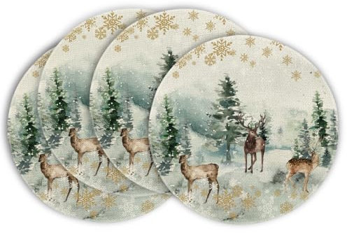 Artoid Mode Aquarell Rentier Baum Weihnachten Runde Platzsets 4er Set, 37cm Winter Xmas Tischset Waschbar Platzdeckchen Küche Party Deko