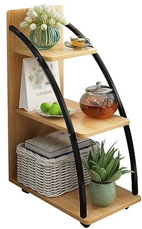 ANUUMA Multifunktionales, 3-stufiges, bewegliches Eckregal, Sofaseite, Regalbodenregal mit Rollen, seitlicher Nachttisch, Schlichtes schmales Nachttisch-Ecksofa, offenes Regal (Farbe : Holzfarbe)