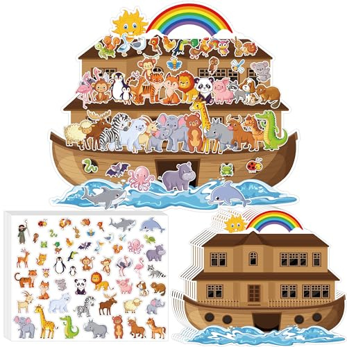 YHNTGB 11-teiliges Set Arche Noah Tier-Aufkleber-Szenen-Kit enthält 11 Hintergründe und 11 Bögen, selbstklebende Tieraufkleber, riesige Arche Noah-Aufkleber-Set für Kinder, Arche Noah, Dekorationen,