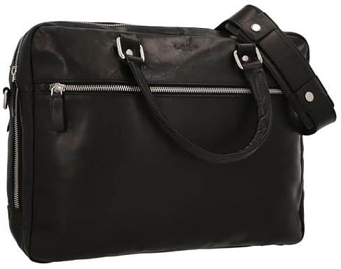 Gusti Laptoptasche Leder - Enrique Pflanzlich gegerbt Aktentasche mit Trolley-Schlaufe Umhängetasche Arbeitstasche Messenger Bag Lehrertasche Businesstasche groß Damen und Herren Vintage Schwarz Leder