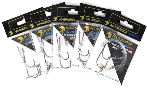 HAWKRIDGE RIG PRO SERIES - 5 Packs of Commercial Quality Fishing Rigs - 2 Hook - PULLEY PENNEL Ready Tied - Ideal for Sea Surf Casting Fishing (Tied to 50lb Snood) (HOOK SIZE - 1/0)
