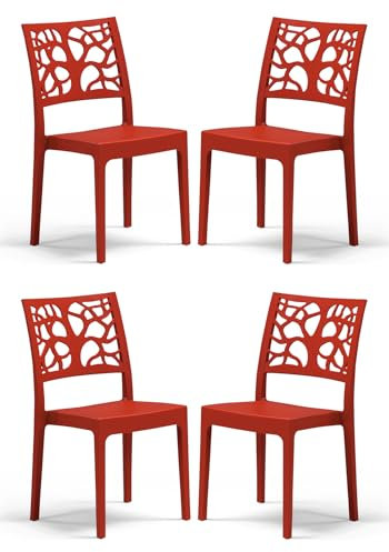 Set 4 sedie in polipropilene TETI, MADE IN ITALY, impilabile, idrorepellente, resistenza raggi UV, design moderno albero della vita per sala da pranzo, cucina, bar, ristoranti, esterno (Rosso, 4)