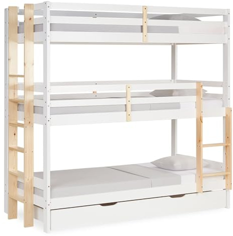 Homestyle4u 2589 | Kinderbett Etagenbett 3 Kinder | Hochbett 90x200 mit Treppe Lattenrost Bettkasten | Weiß Holz Natur