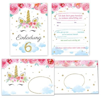 Minkocards 12 Einladungskarten incl. 12 Umschläge zum 6. Kindergeburtstag Mädchen Einhorn Einladung sechste Geburtstag Mädchengeburtstag Geburtstagseinladungen
