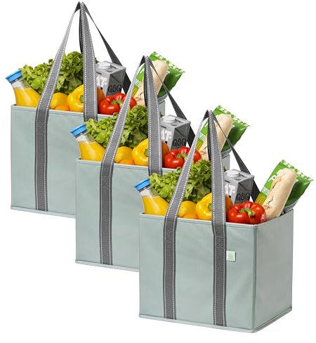 VENO 3 Pack Reusable Grocery Bag, Shopping Cart Bag, Trunk Organizer, Storage Box, Heavy Duty Tote, Hard Bottom, Stands Upright, Collapsible, Water-Resistant, Large Size (Light Green Matte - Set of 3)