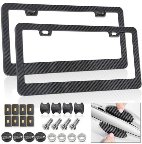 FBJTDQ Kohlefaser-Kennzeichenrahmen – Schwarze Kunststoff-Auto-Tag-Halter-Abdeckung, bedrucktes Carbon-Muster mit Schrauben, Kappen, Lenkeraufkleber, vorne und hinten, 2 Stück
