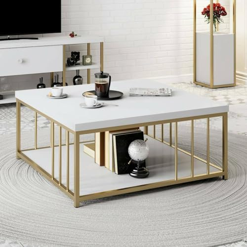 Dmora - Table Basse Ankaa, Table Basse, Porte-revues pour canapé, Etagère de Salon, 90x39h40 cm, Blanc et Or