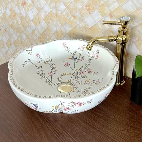 1 ensemble complet vasque moderne en céramique blanche avec robinet doré et bonde - Lavabo à motif floral et oiseau