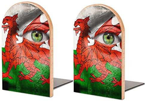 Wales Flag on Face with Green Eye Wood Bookends Heavy Book Holders for Shelves Decorative Book Ends