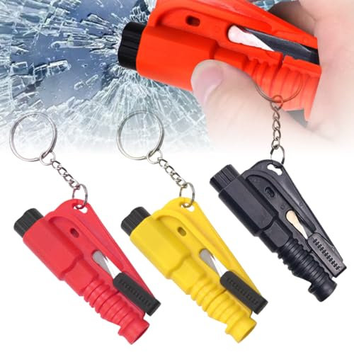 UYVPAER 3 Unidades Rompe Cristales Y Cinturones - Llavero De Emergencia 3 En 1 - Rompe Cristales, Cortador De Cinturones De Seguridad, Silbato De Supervivencia - Herramienta De Rescate Para Co