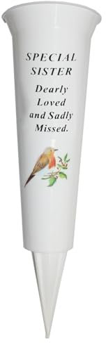 Memorial Grave Flower Pot - 33cm tall Sturdy White Memorial Graveside Flower Vase with Spike and Robin Image (Sister 8774)