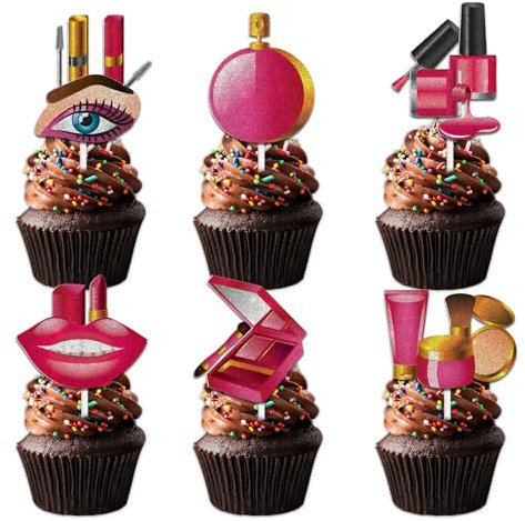 18pcs Pink Glitter Lip Lipstick Dessert Cupcake Topper Pick for Cosmetics Makeup Spa Theme Decor Supplies Woman Lady Night Out Hen Movie Happy Birthday Girls’ Night Party Decoration
