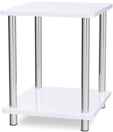 PaMeer Stylish Norsk Small White High Gloss Coffee Table, 2 Tier End Table with Storage, Stainless Steel Legs, Nightstand for Living Room, Bedroom, Office, Modern Side Table, Rust-Proof