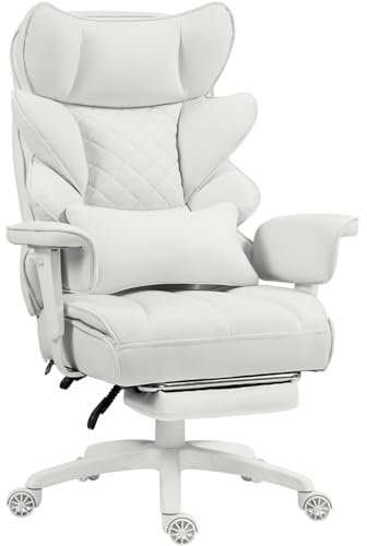 Dowinx Gaming Stuhl, Bürostuhl Ergonomisch mit Taschenfeder-Kissen, Chefsessel mit Doppellagige weiche Rückenlehne und verstellbare Lendenkissen, Armlehnen und Fußstütze, Stoff, Weiß